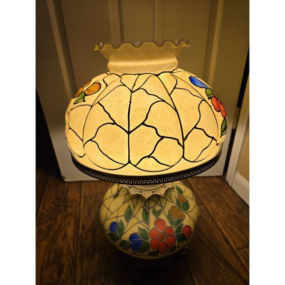 Vintage 23" Hurricane Tiffany Style Table Lamp Hand Painted Floral Gone W/ Wind - Picture 4 of 16